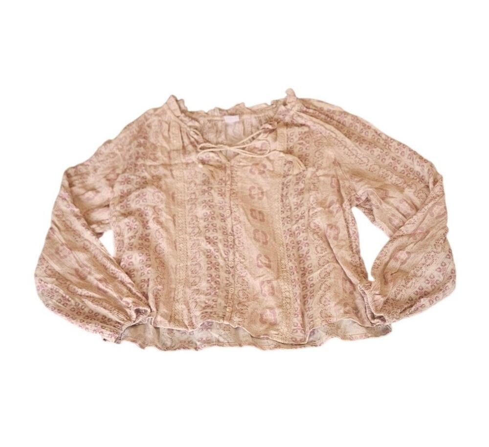 No Boundaries Boho Peasant Blouse Juniors L 11-13 Cottagecore Tassel Top